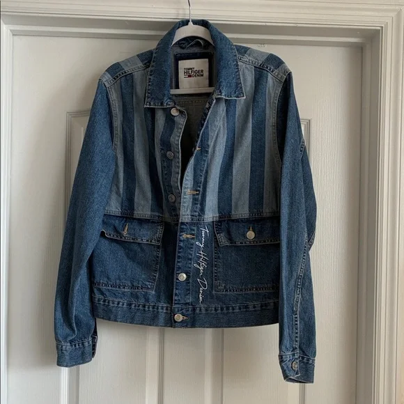 Tommy Hilfiger 90s Revival Streetwear Denim Striped Mixed-Wash Trucker Jacket M - Picture 2 of 9